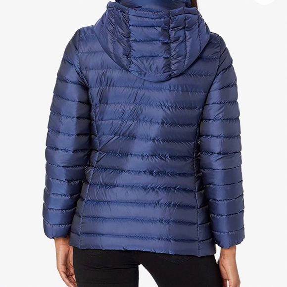 Cole Haan Down Quilted Puffer Hooded Jacket Faux Fur Trim Iridescent Blue Sz XS - Picture 11 of 16